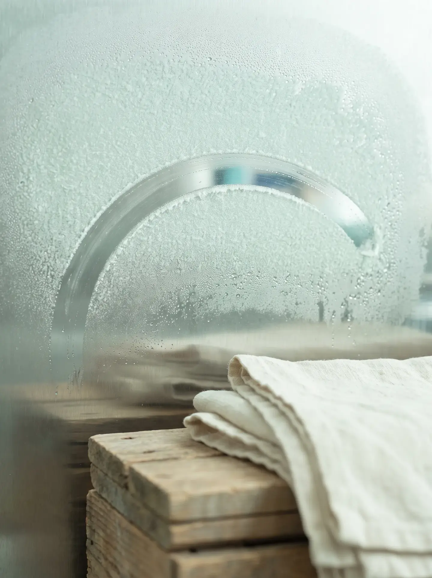 A clean half-circle arc swept through frost on a brushed steel surface, folded cream linen on worn wood in front
