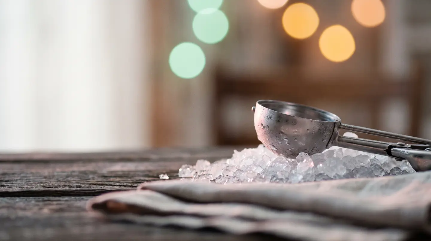 A frosted steel ice cream scoop resting on a mound of crushed ice over folded linen, soft mint and mango light behind