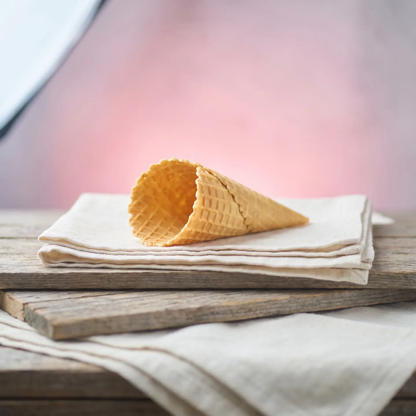 An empty golden waffle cone lying on folded cream linen over worn wood
