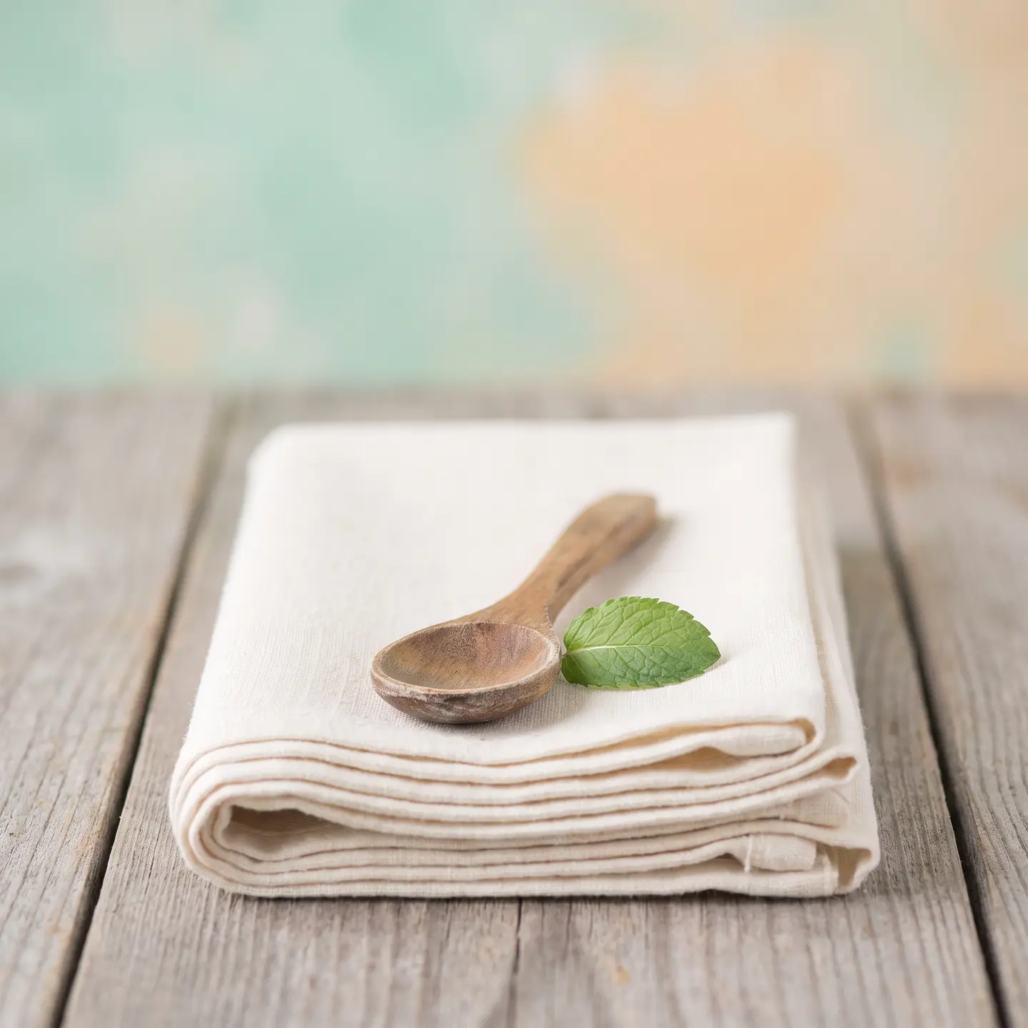 A small wooden tasting spoon on folded cream linen napkins beside a mint leaf