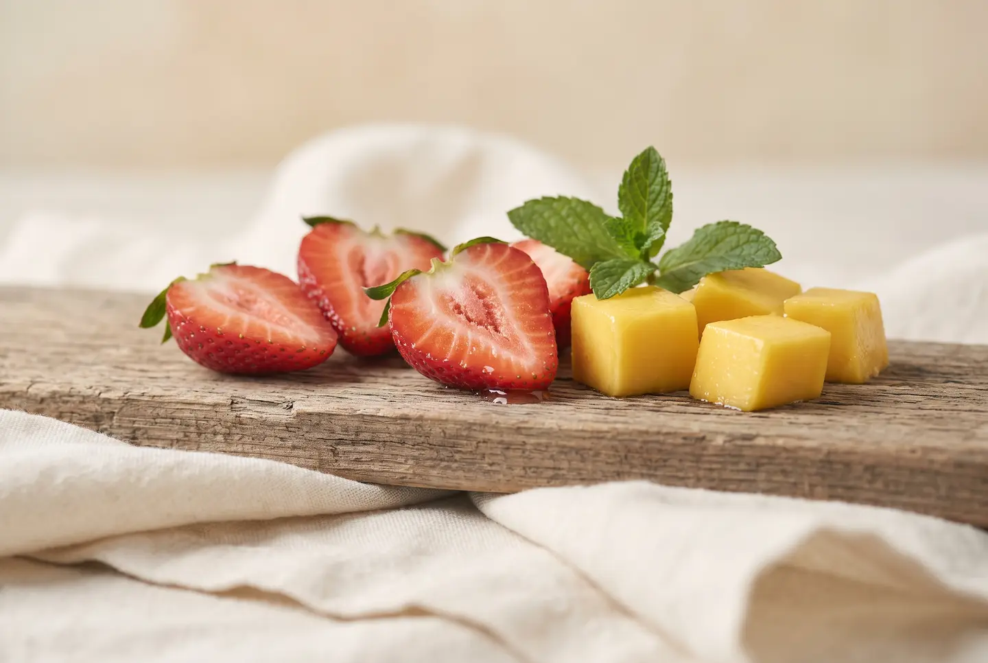 Halved strawberries, mango cubes and a sprig of mint on a worn wooden board over folded cream linen